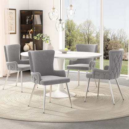 Samt-Esszimmerstuhl, 2er-Set, luxuriöser Wohnzimmer-Schlafzimmer-Loungesessel mit vier silberfarbenen Metallstützbeinen, Grau[OLD SKU:N634P184684G]