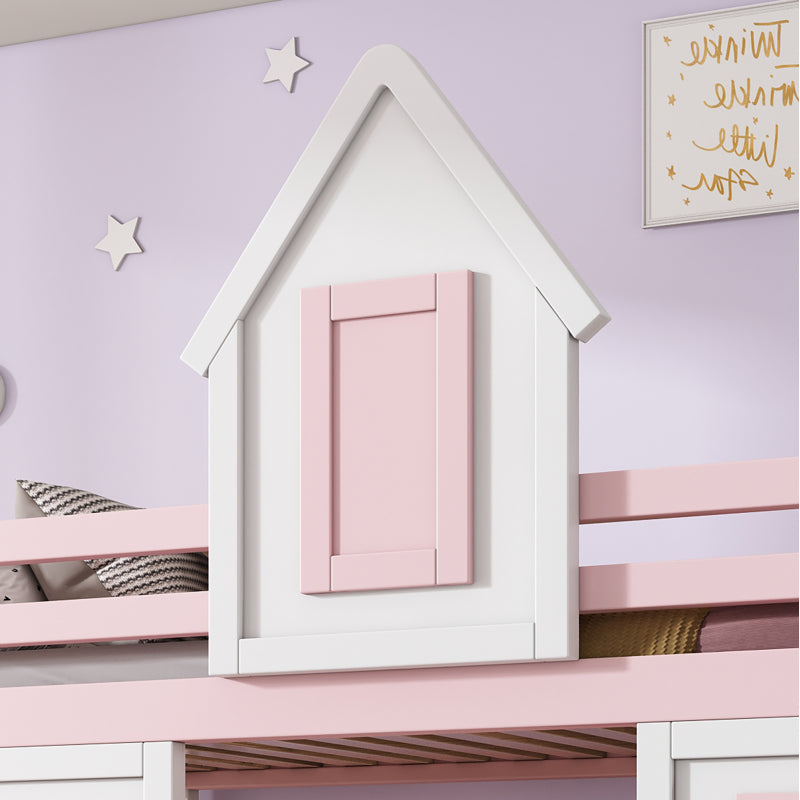 Etagenbett, Prinzessinnenbett, Kinderbett, Kinderbett mit Dach und Fenster, mit Fallschutzgitter, stabiles Geländer, Zwei Schubladen mit Rollen, Offenes Regal, Reichlich Stauraum, Kiefer+MDF,Weiß+Rose