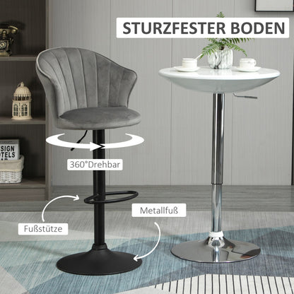 2er-Set Barhocker drehbare Barstühle mit Lehne höhenverstellbar Samt Touch grau, armlos, 51,5x57,5x93-114,5cm für Küche & Bar