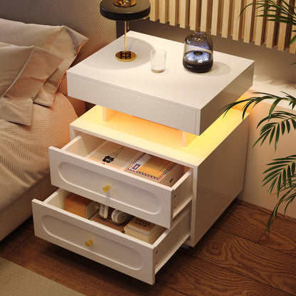 Nachttisch mit LED-Beleuchtung, Nachtkommode mit 2 Schubladen & offenem Fach, weißer Nachtschrank aus Spanplatte, B50×T40×H60 cm