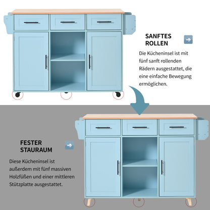 139x46(71)x91,5 cm großer Esswagen/Anrichte, Korpus Blau + Arbeitsplatte in Massivholzmaserung, klappbare Arbeitsplatte, Ablagetür, Rollen, auswechselbare Massivholzfüße, geeignet für Esszimmer, Küche