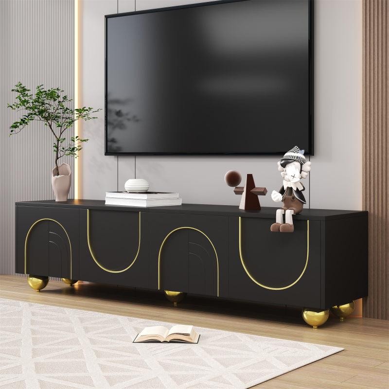 TV-Schrank, lowboard mit strukturierten Türen, goldenen Verzierungen, goldenen runden Beinen, inklusive Einlegeböden, push-to-open