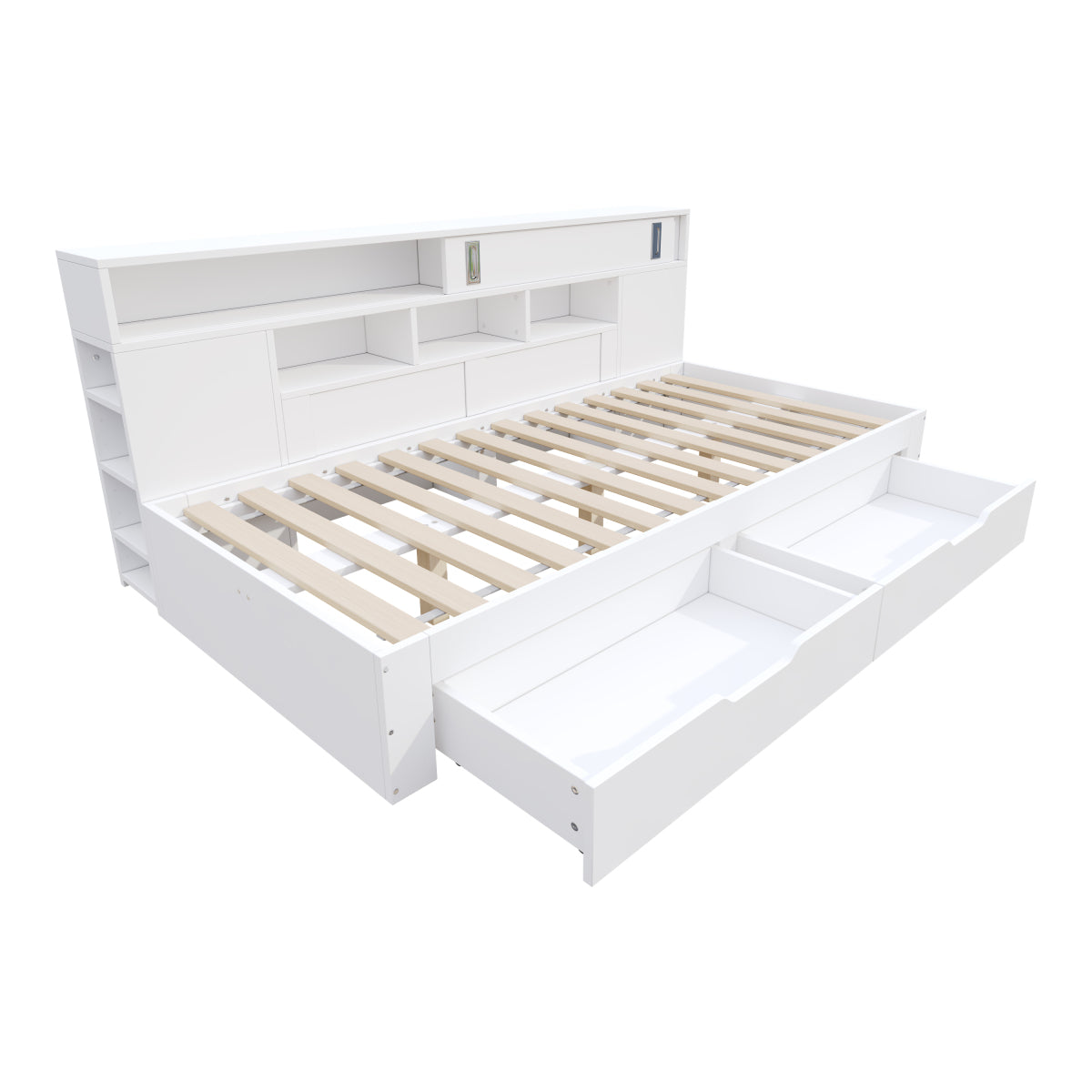 Multifunktionales Stauraumbett 90x190 cm - Daybed mit 2 Schubladen, Schiebetüren & Regalen - Stabiles Funktionsbett aus MDF bis 200kg - Weiß
