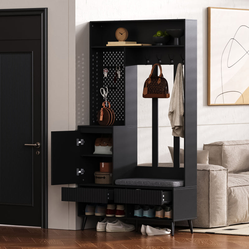 Garderoben-set, Wandgarderobe, Flurgarderobe Set mit Schuhbank, Schwarz,100 Lx35Bx180H cm