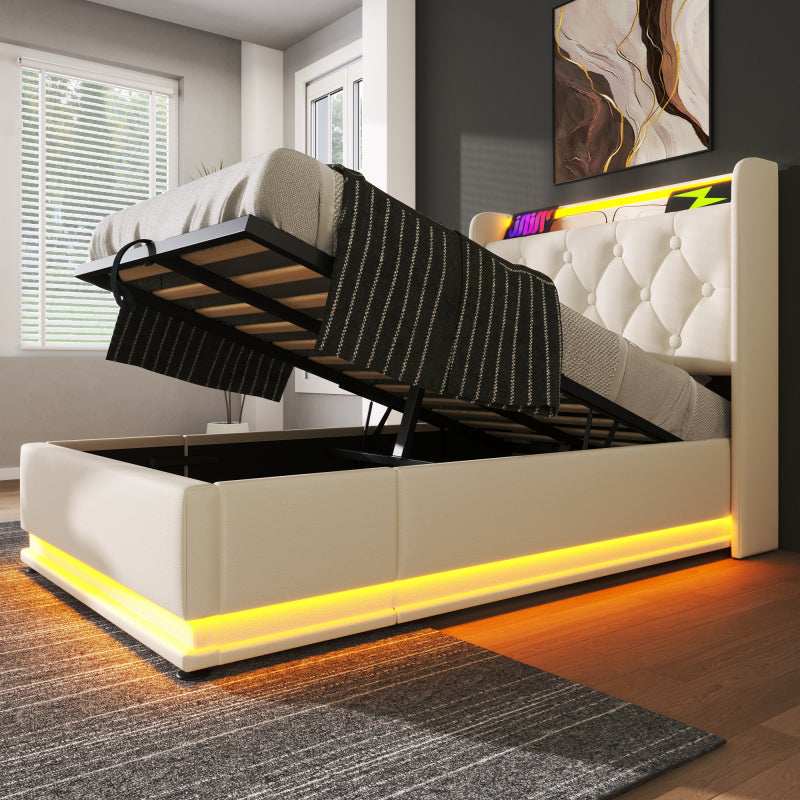 Polsterbett einzelbett, 360-Surround-LED-Funktion, Drucktaste/App/Fernbedienung, 90*200 cm, weiß PU-Material Hydraulisches Lagerbett, gepolstertes Kopfteil mit USB Typ-C Ladefunktion (Mit Matratze)