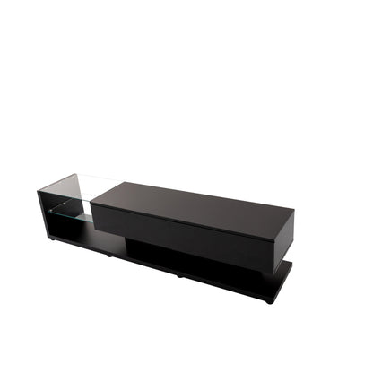 TV-Schränke, Lowboards, Hochglanz-Wohnzimmermöbel. Glastrennwände und variable LED-Beleuchtung. Es verbindet natürlichen, rustikalen Stil mit modernem Design.