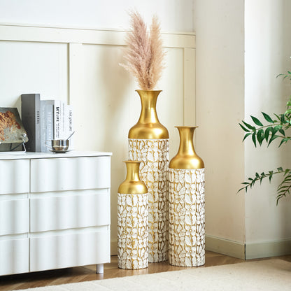 3er Set Bodenvase Metall, Weiß-Gold, Retro Stil, 83/65/50 cm hoch