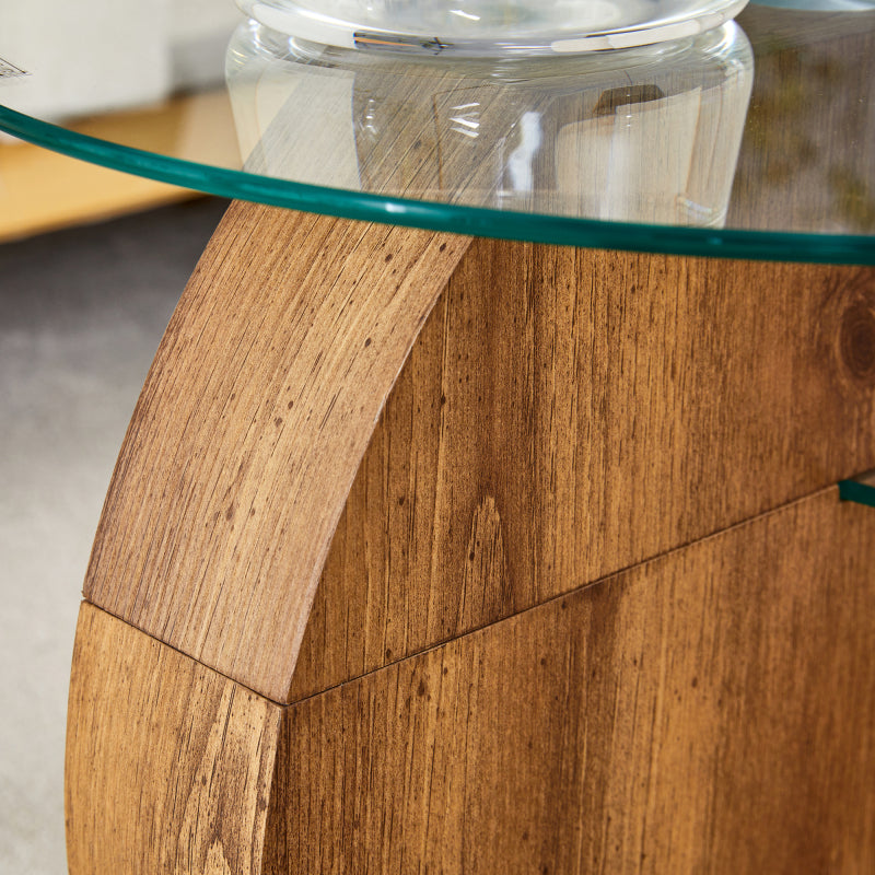 Moderner minimalistischer gehärteter Glas-Couchtisch, mehrschichtiges Design, mit natürlichen Holz-Textur-Aufklebern