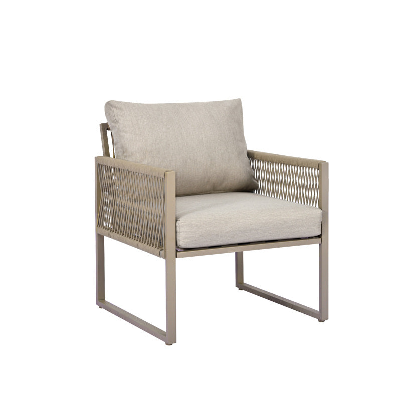 Garten-Lounge-Set mit verzinktem Eisenrahmen, Gartenmöbel-Set aus Seil, Lounge-Set aus khakifarbenem Seil mit Sitzkissen, verstellbaren Füßen, glatter Glasplatte, 4er-Set, inklusive aller Kissen