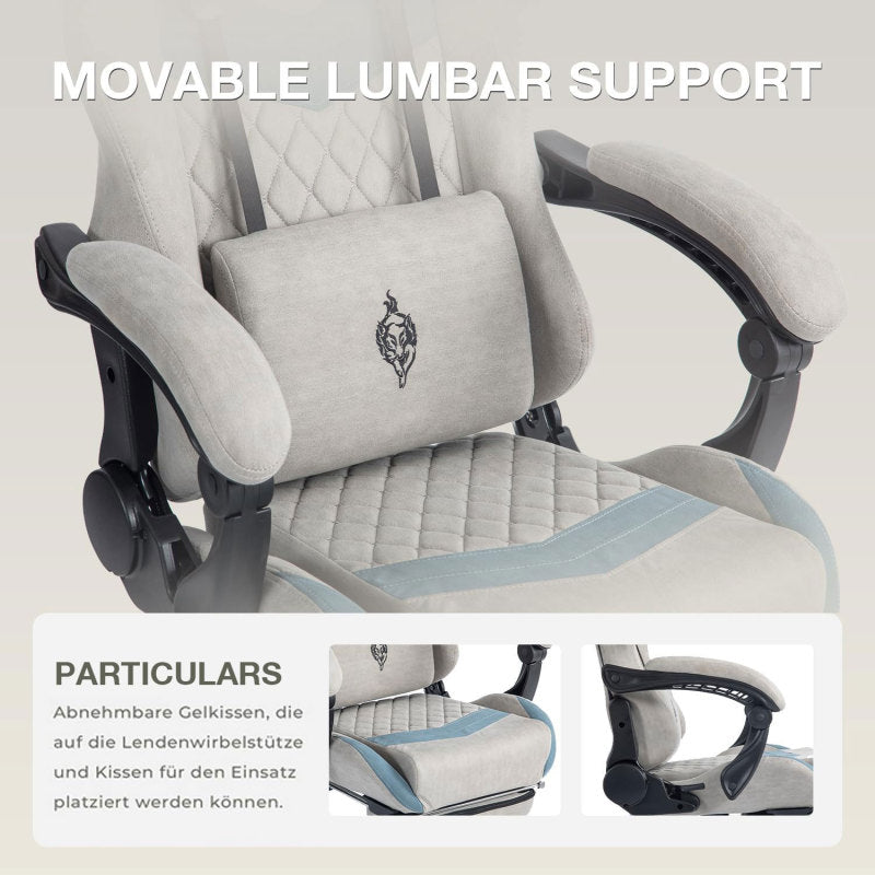 Gaming Stuhl mit Fußstütze Gaming Stuhl Stoff Bürostuhl mit Lendenwirbelstütze Ergonomischer Gaming Sessel Gaming Stuhl 150 kg Belastbarkeit Gamer Stuhl Verstellbare Armlehne, Grau