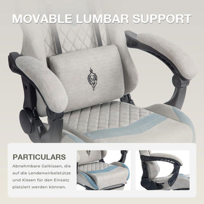 Gaming Stuhl mit Fußstütze Gaming Stuhl Stoff Bürostuhl mit Lendenwirbelstütze Ergonomischer Gaming Sessel Gaming Stuhl 150 kg Belastbarkeit Gamer Stuhl Verstellbare Armlehne, Grau