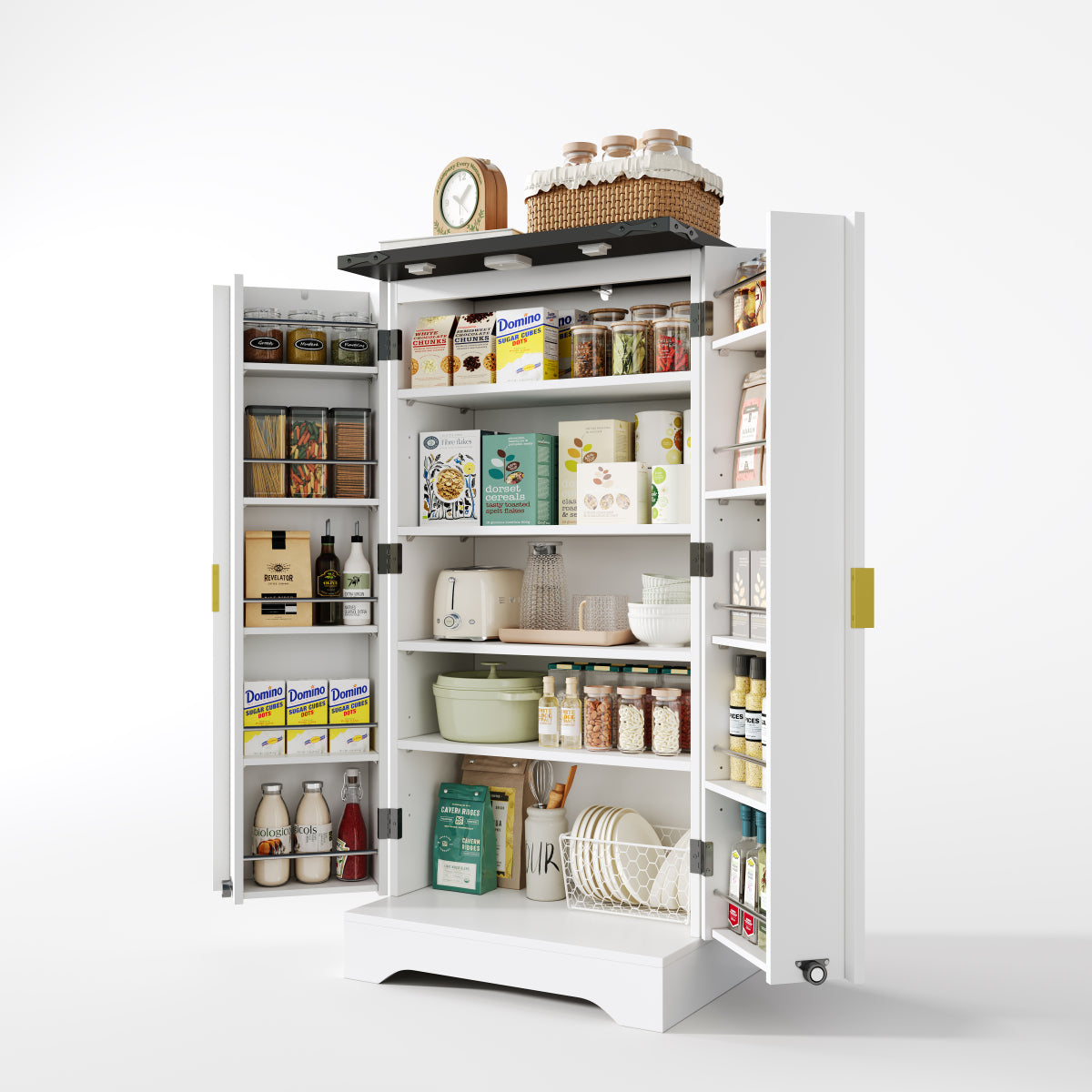 Hochschrank Weiß 120 cm, Buffetschrank mit LED-Sensorlicht, Anrichte mit Gerillten Türen & Türablagen, Goldgriffe