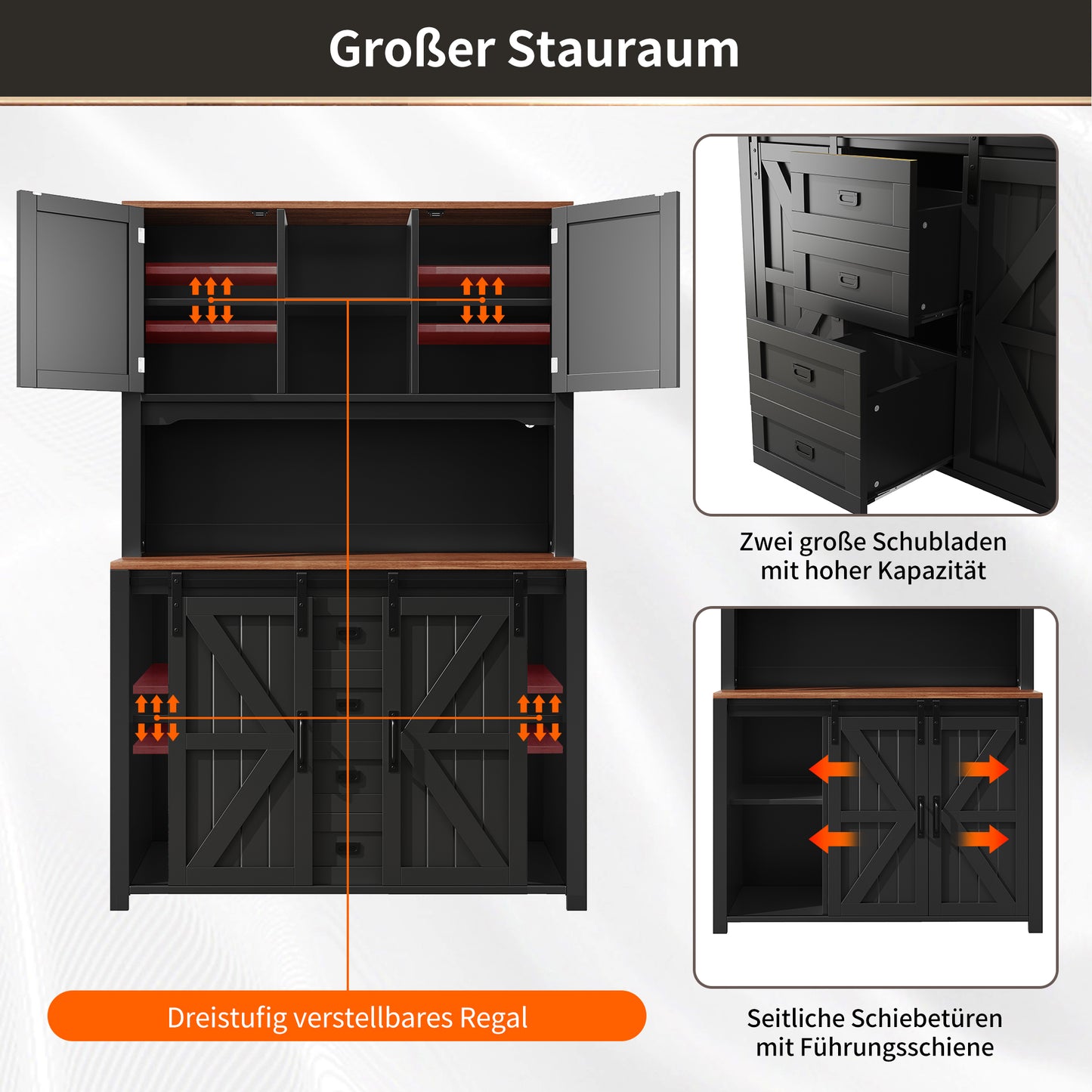 Küchenschrank 115x40x174,7cm hohes Sideboard Schwarz mit App-LED-Beleuchtung, X-Design Schiebetüren, 2 Schubladen & Magnetklappen