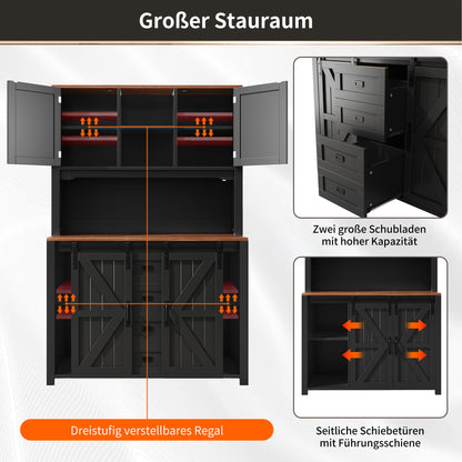 Küchenschrank 115x40x174,7cm hohes Sideboard Schwarz mit App-LED-Beleuchtung, X-Design Schiebetüren, 2 Schubladen & Magnetklappen