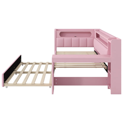 Gepolstertes 90x200 Tagesbett mit USB-Anschlüssen und LED-Gürtel, mit Ausziehbett und Schreibtisch, Rosa