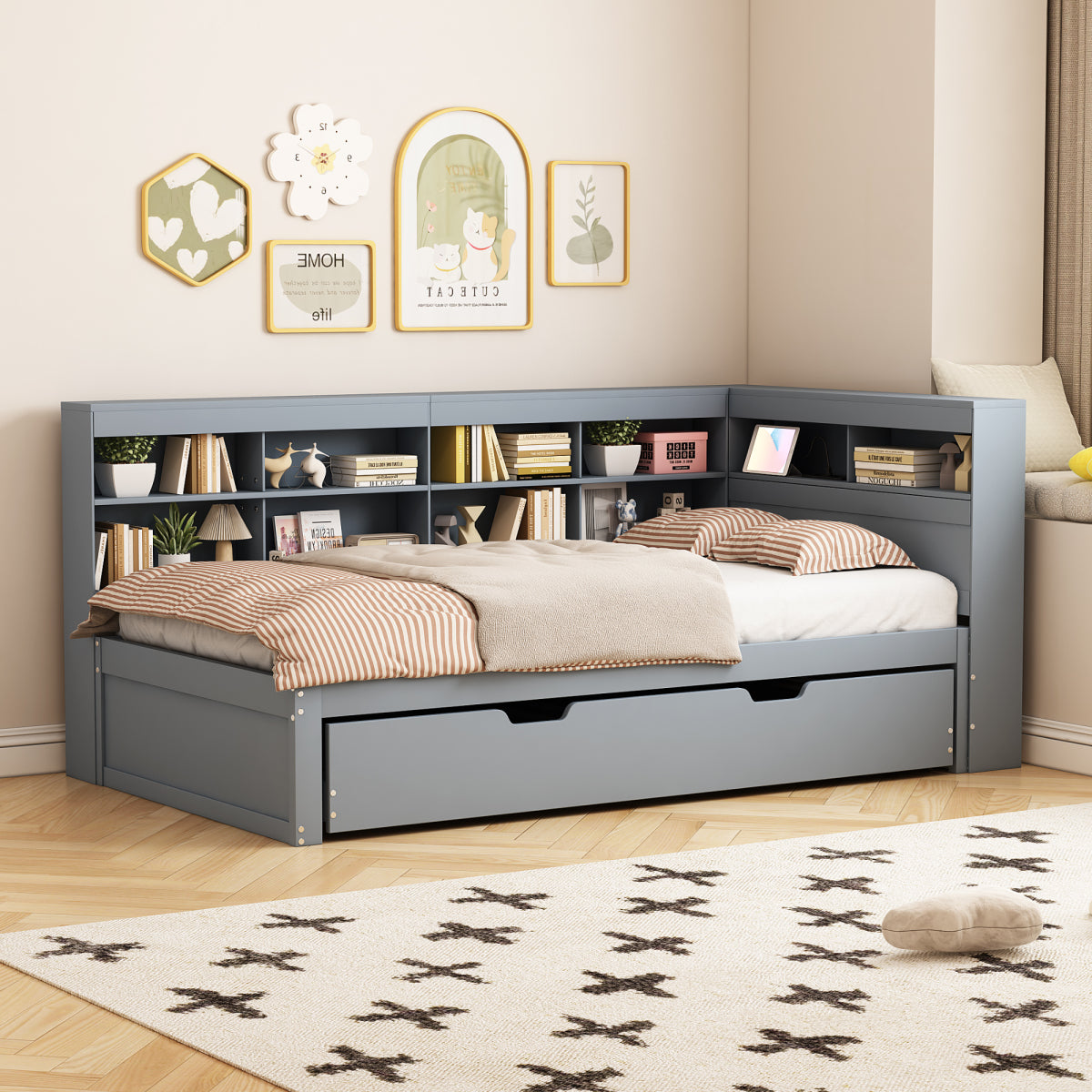 Multifunktions-Schlafsofa 90x200 & 90x190 Ausziehbar - Massivholz Grau mit USB-Anschluss, Stauraum & Ablagefächern - Praktisches Einzelbett, Grau
