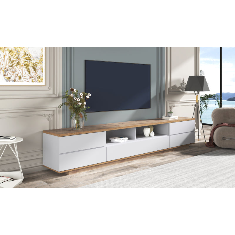Moderner Farbblock-TV-Schrank in weißer Ausführung, TV-Schrank mit Holzmaserung, 180 cm