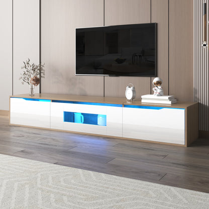 TV-Schrank, Hochglanz-TV-Schrank, farblich passend zu Hochglanz-Weiß und Holzfarbe, mit farbwechselndem LED-Licht.