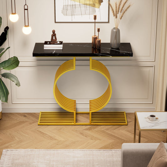 100*35*80cm moderner, schlichter schwarzer Hochglanz-Couchtisch, kleiner Beistelltisch fürs Wohnzimmer, Konsolentisch, goldener Sockel kann auf zwei Arten installiert werden