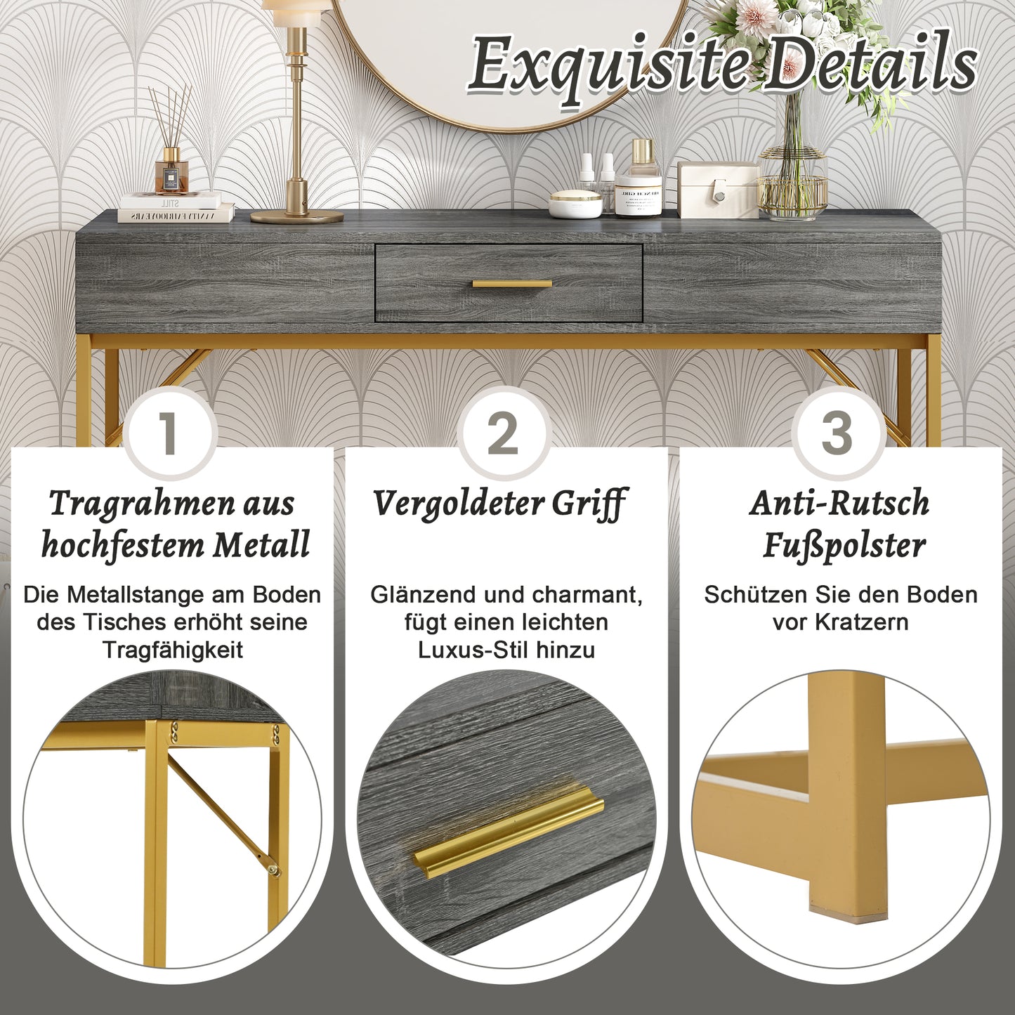 Konsolentisch,Flurtisch mit 2 Schublade ,Leichter Luxus-Stil Beistelltisch, Grau/Gold