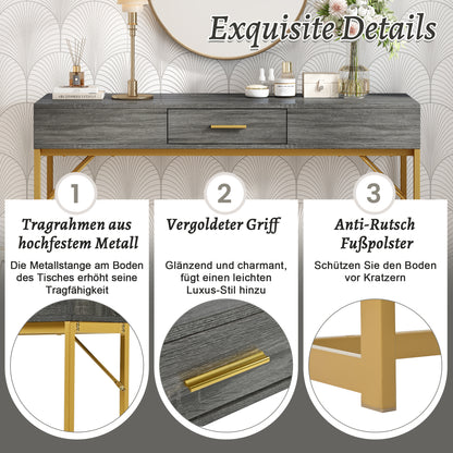 Konsolentisch,Flurtisch mit 2 Schublade ,Leichter Luxus-Stil Beistelltisch, Grau/Gold