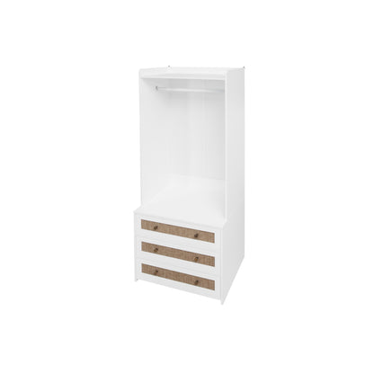Weißer Kleiderschrank mit drei Schubladen – Garderobe mit Stauraumregal im Boho-Stil – Höhe 180 cm – ideal für Flur, Wohnzimmer, Schlafzimmer, Arbeitszimmer oder Büro.Maße:70*48*180cm