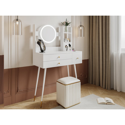Schminktisch(Ohne Stühle), mit Spiegel einstellbare Helligkeit, mit 3 Schubladen, luxuriöses vergoldetes Zubehör, High-End Schminktisch mit mehreren Stauräumen, Weiß