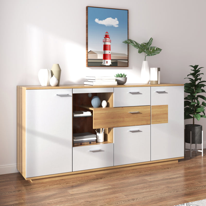 Modernes Sideboard-Schrank mit viel Stauraum, mit LED-Beleuchtung, 160x40x77cm, 2 Türen, 4 Schubladen, Glasablage, Holzoptik, Weiß,Wohnzimmermöbel, Organizer, Kommode, Mehrzweckschrank.