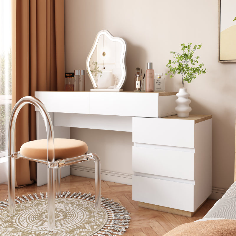 Schreibtisch mit 5 Schubladen,Frisiertisch, Funktion von Aufbewahrung, für Schlafzimmer , E1-Spanplatte, weiß+oak