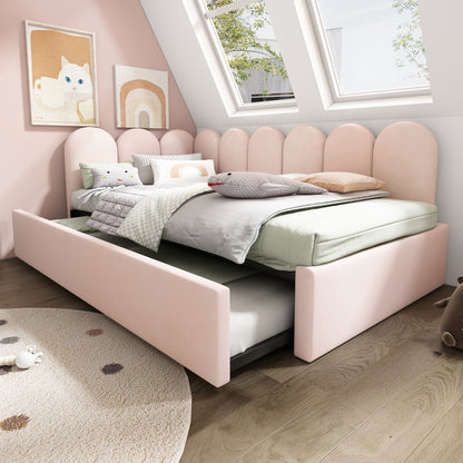 Polsterbett Daybett 90x200cm,Tagesbett Schlafsofa mit Ausziehbett 90x190cm, Kinderbett mit Lattenrost, Samt, Rosa, ohne Matratze