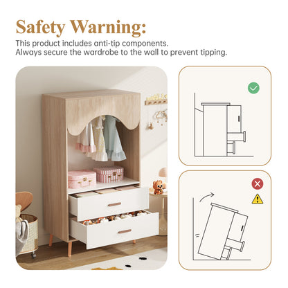 Kinderkleiderschrank, Kleiderschrank mit Kleiderstange, mit Schubladen, Vollholz Griffen, aus Spanplatte, weiß+natürliches Holz