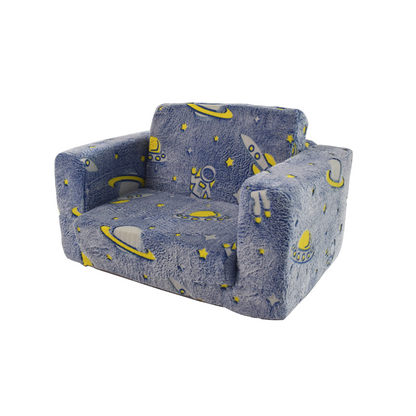 Klappbares Kindersofa Plüsch, Astronauten Muster leuchtend, waschbar, Blau/Grün