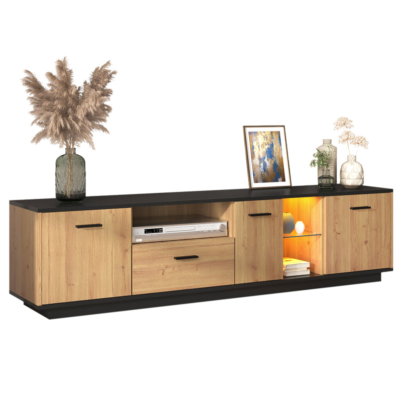 TV-Schrank mit einer Schublade, drei Türen, zwei offene Fächer mit Glas TV-Möbel, TV-Board, TV-Lowboard Feinstruktur. Schwarze und natürliche Holzfarben. 15 variable LED-Leuchten.