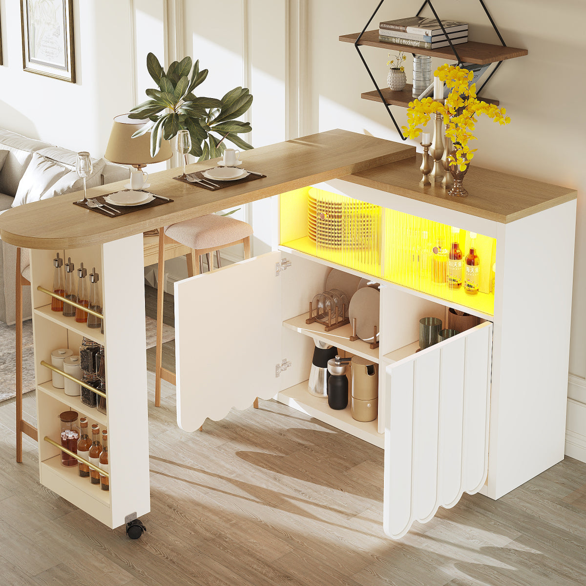 Ausziehbarer Bartisch 135-205cm mit LED & USB, Mobiler Hochtisch Weiß, Teleskop-Kücheninsel mit Glas-Schiebetür & Soft-Close, Gestreift
