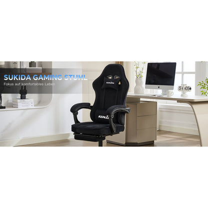 Gaming Stuhl Stoff, Ergonomischer Gaming Chair mit Fußstütze, Verstellbarer Racing Computerstuhl mit Lordosenstütze, Schwarz Ergonomisch PC-Stuhl