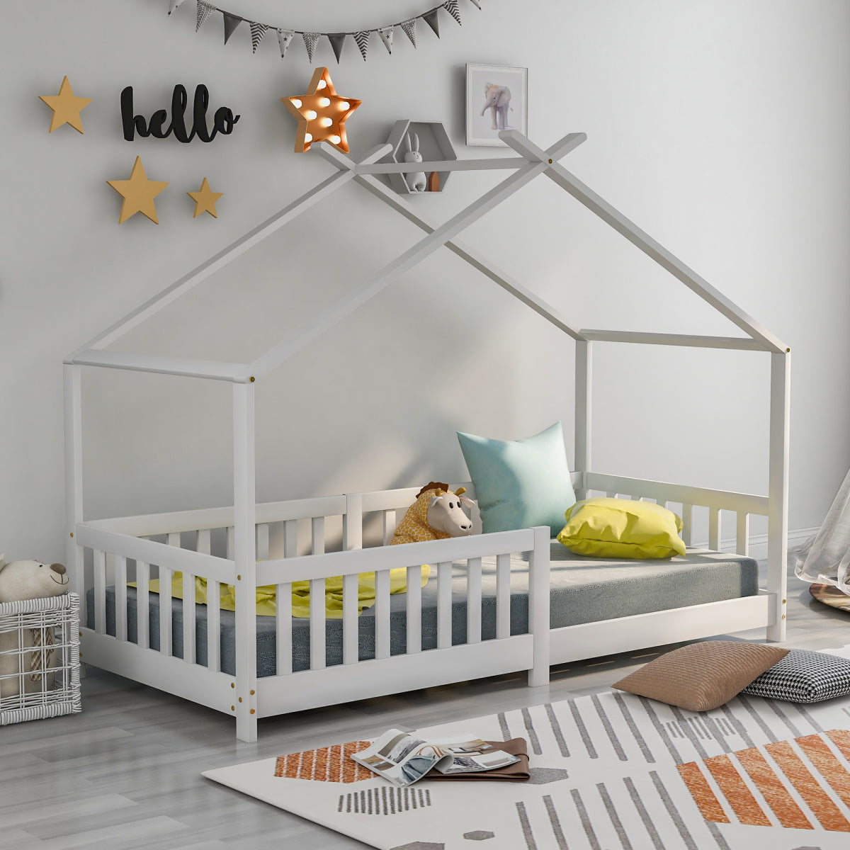 Hausbett 90x200 Weiß, Kinderbett mit Rausfallschutz & Lattenrost, Abenteuerbett Kiefer Massivholz