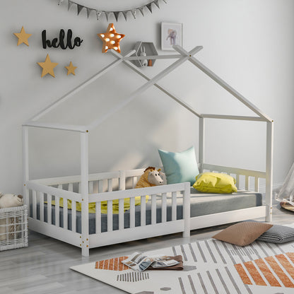 Hausbett 90x200 Weiß, Kinderbett mit Rausfallschutz & Lattenrost, Abenteuerbett Kiefer Massivholz