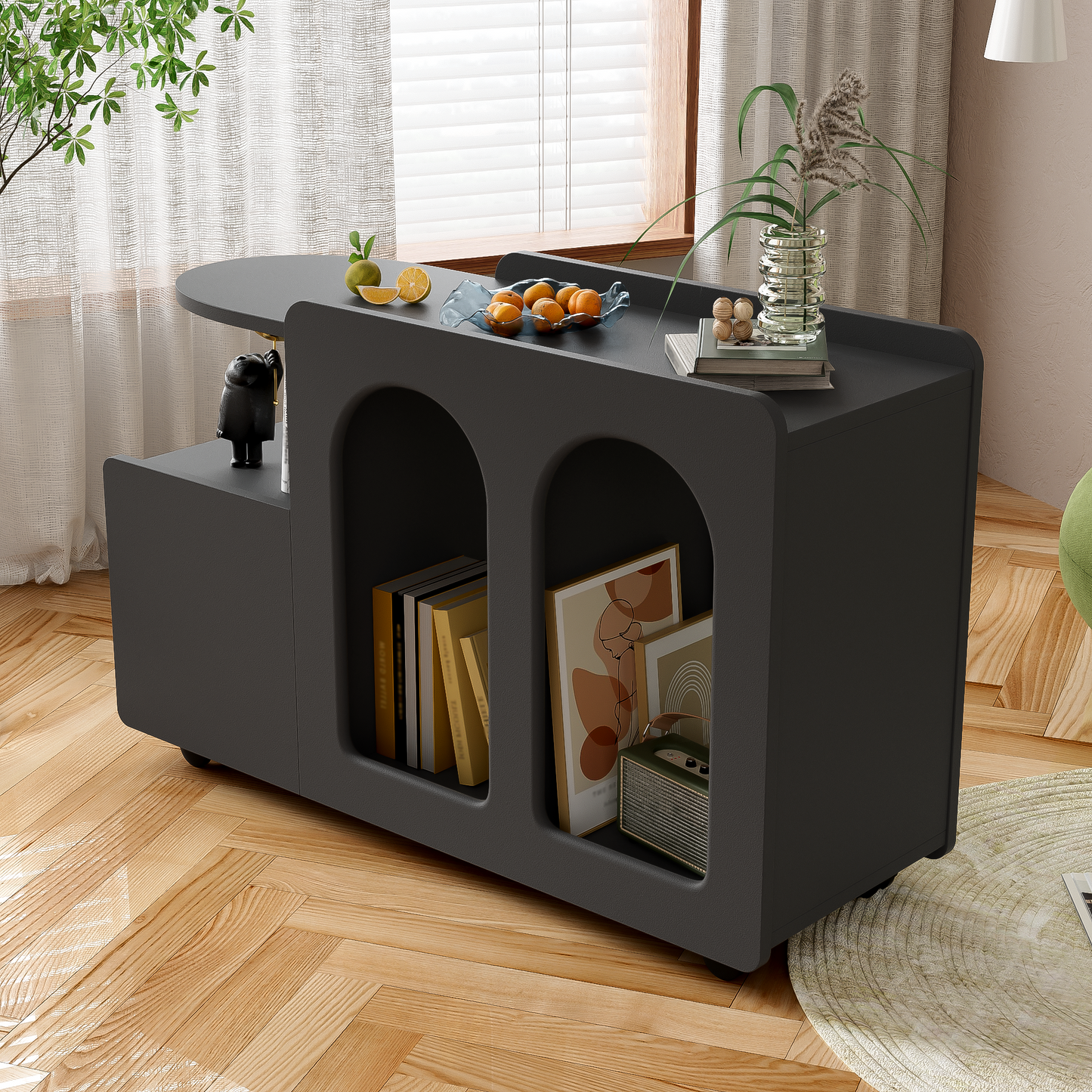 Beistellschrank mit Rollen, vielseitiger Aufbewahrungswagen für Wohnzimmer, Esszimmer und Schlafzimmer, Schwarz