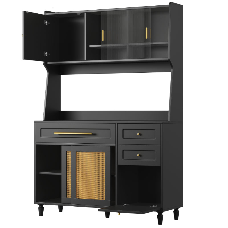 Küchenschrank, Esszimmerschrank mit 3 Schubladen,Sideboard mit LED-Beleuchtung, PE-rattan, schwarz