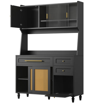 Küchenschrank, Esszimmerschrank mit 3 Schubladen,Sideboard mit LED-Beleuchtung, PE-rattan, schwarz