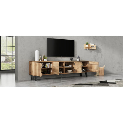 180 x 40 x 55 cm TV-Schrank, Lowboards  in Originalholzfarbe, 8 separate Ablagefächer, TV-Ständer, TV-Konsolen-Entertainment-Center passend für 70-Zoll-Fernseher, geeignet für Wohnzimmer