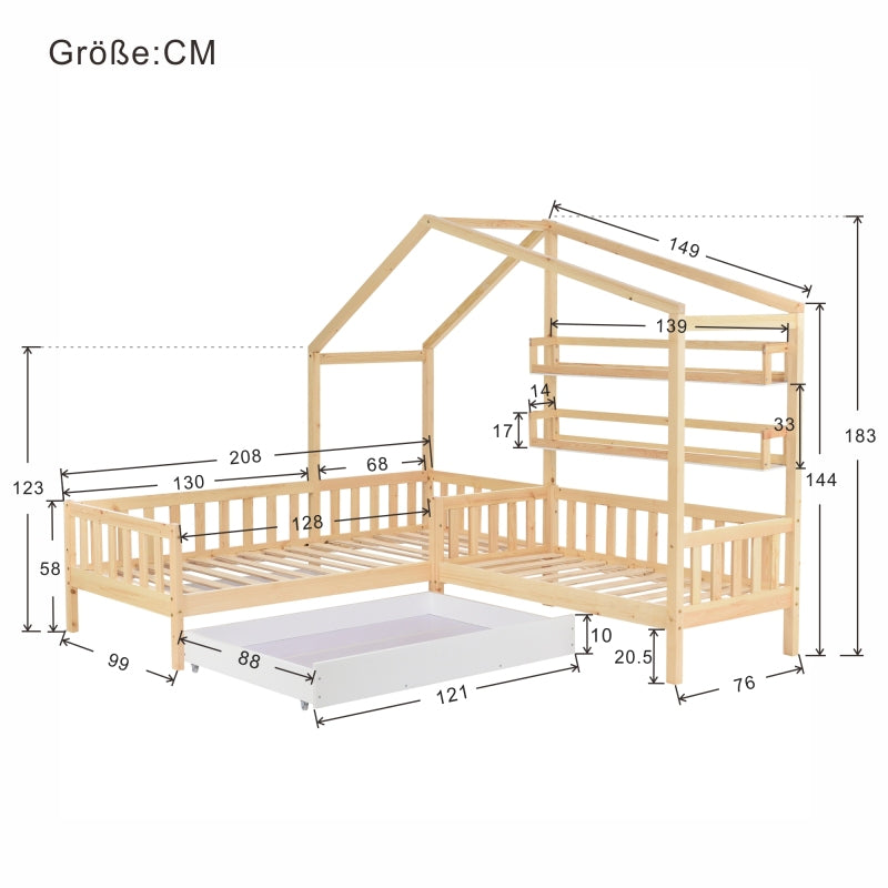 Kinderbett Hausbett mit Schubladen und Regalen, Massivholz mit Zaun und Lattenrost, L-Struktur, Natur (90x200 cm+140x70cm)