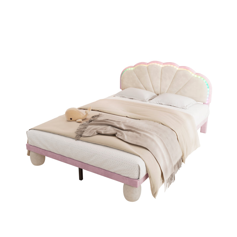 Polsterbett mit mehrfarbigen, wechselnden Lichtstreifen, Kopfteil mit Wellenschliff, mit gepolsterter runden Beine, Kinderbett, Jugendbett mit Holzlatten, Doppelbett, Samt, Beige+Rosa, 140x200cm