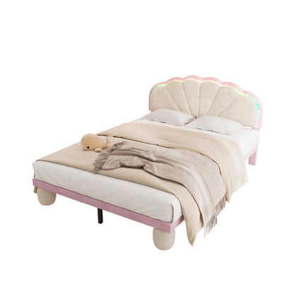 Polsterbett mit mehrfarbigen, wechselnden Lichtstreifen, Kopfteil mit Wellenschliff, mit gepolsterter runden Beine, Kinderbett, Jugendbett mit Holzlatten, Doppelbett, Samt, Beige+Rosa, 140x200cm