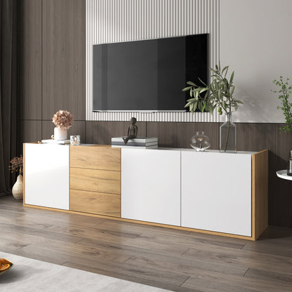 TV-Schrank, niedriges Paneel in Weiß und Holzfarben, TV-Möbel, die an die Wand gehängt oder auf den Boden gestellt werden können