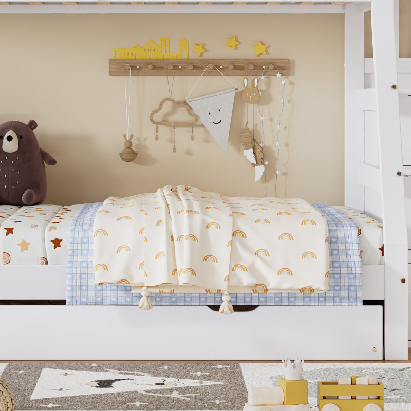Etagenbett mit Rollbett, Kinderbett mit Leiterschrank und Handlauf, mit Fallschutzgitter an allen Seiten, Kiefer+MDF, Weiß, 90x190CM Rollbett, 90/120x200CM