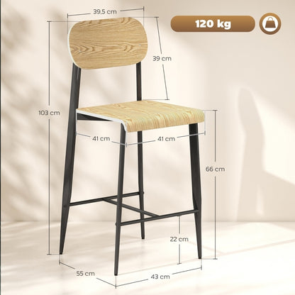 Barhocker 2er Set, Barstuhl mit Fußstütze, Metallgestell, Industrie-Design Naturholz+Schwarz