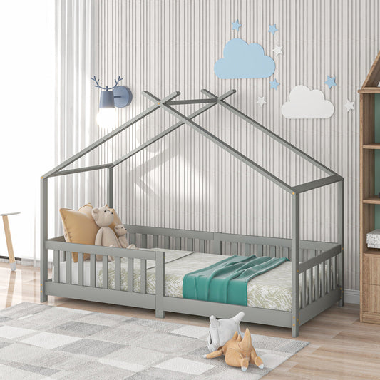 Hausbett 90x200 Grau, Kinderbett mit Rausfallschutz & Lattenrost, Abenteuerbett Kiefer Massivholz