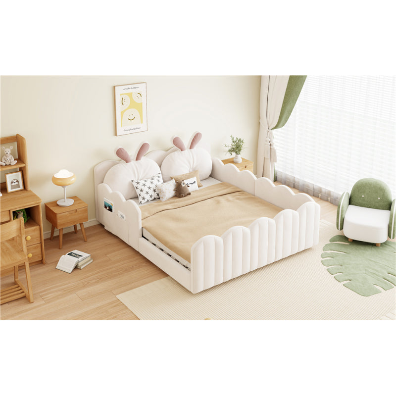 140x200 Gepolstertes Plattformbett mit Kissen in Kaninchenform, Beige