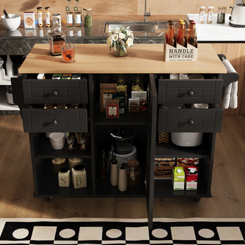 Moderne Kücheninsel (127×46×91,5cm) Küchenschrank Essschrank mit Holzmaserung Esswagen mit multifunktionalem Stauraum und herausnehmbaren Trennwänden, schwarz
